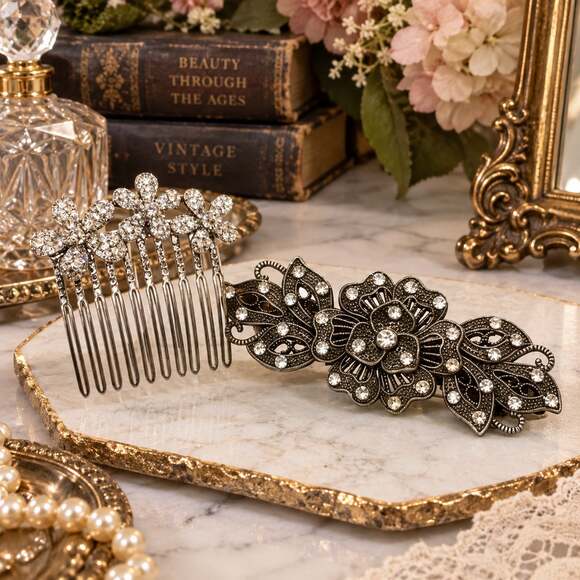 Unbranded Accessories - Vtg Decorative Daisy Hair Comb & Floral Rhinestone Hair Clip Lot Wedding Bridal